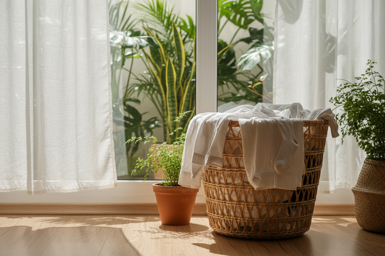 bucato lavato in cesto di paglia con finestra su sfondo piuante verdi