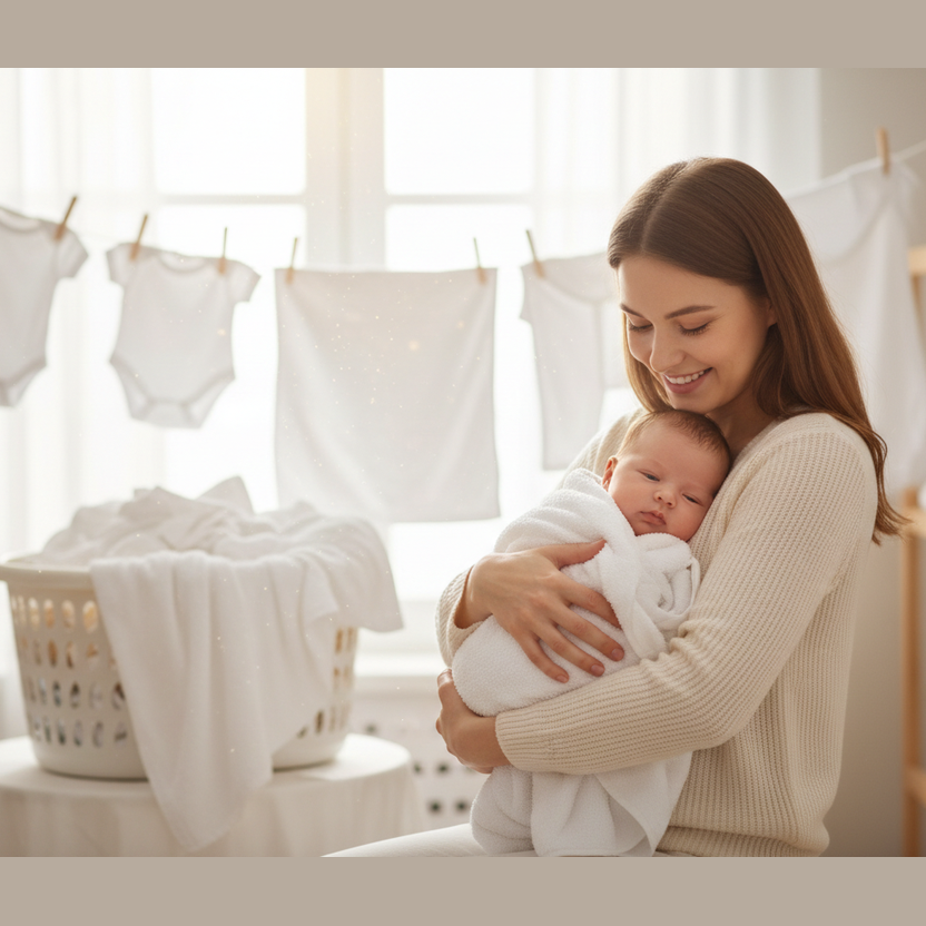 bucato morbido con bambino avvolto in asciugamano bianco con mamma che sorride