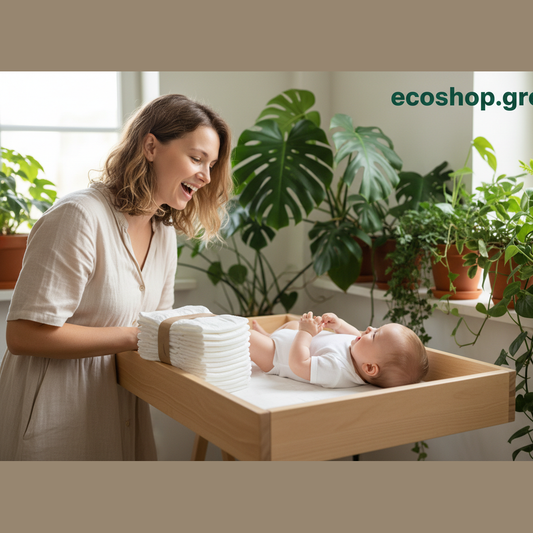 kit prova da 15 pannolini usa e getta bianchi su fasciatoio con mamma che li guarda mentre il bambino aspetta di essere cambiato sono sorridenti sul fondo piante verdi e scrtta in evidenza ecoshop.green