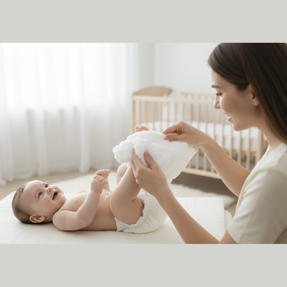 mamma che cambia pannolino bianco facendo osservare la morbidezza e sofficita del pannolino mentre il suo bambino sorride