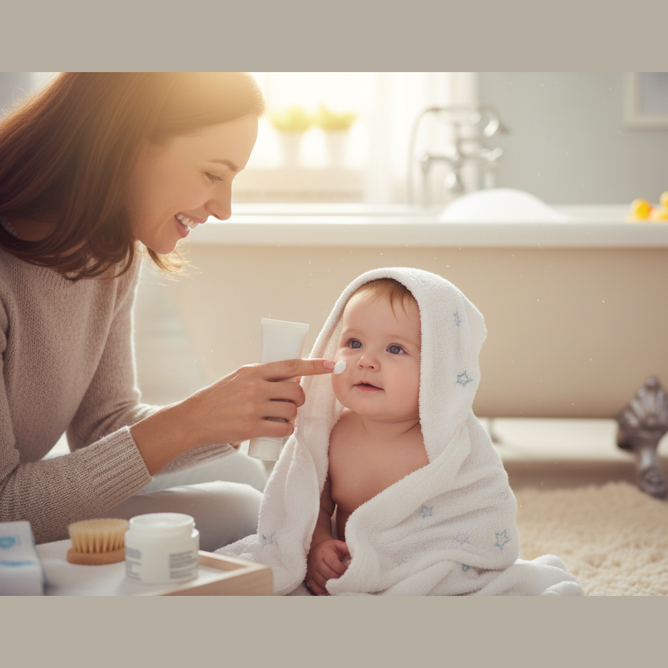 MAMMA SORRIDENTE CHE SPALMA LA CREMA CHE TIENE IN MANO CON UBN TUBETTO SUL VISINO DEL BAMBINO DOPO IL BAGNETTO