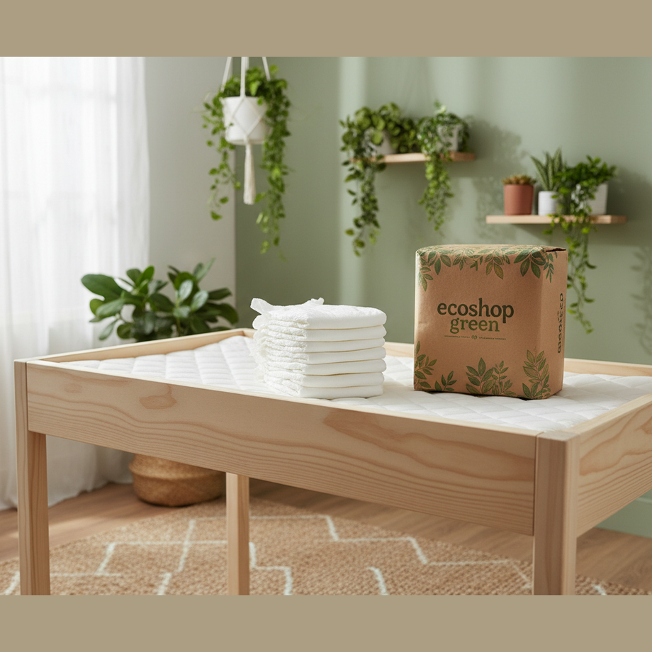pannolini bianchi impilati su fasciatoio con la scritta ecoshop green su pacchetto appoggiato sorridente in una cameretta per bambino con piante verdi in sfonda