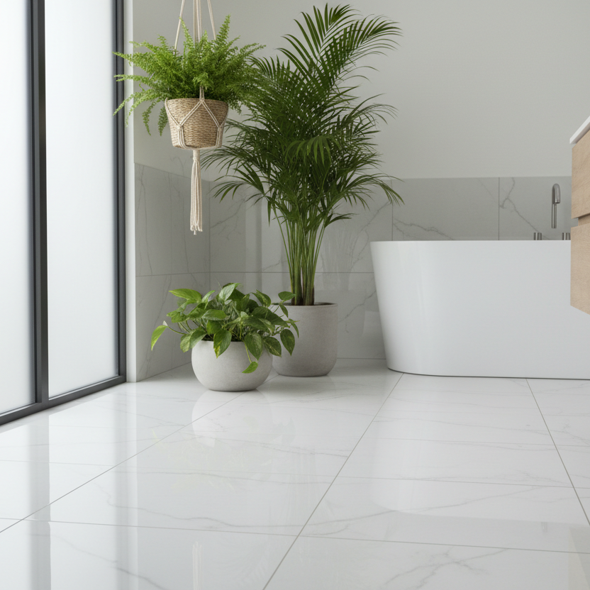 pavimento bagno pulito con piante verdi