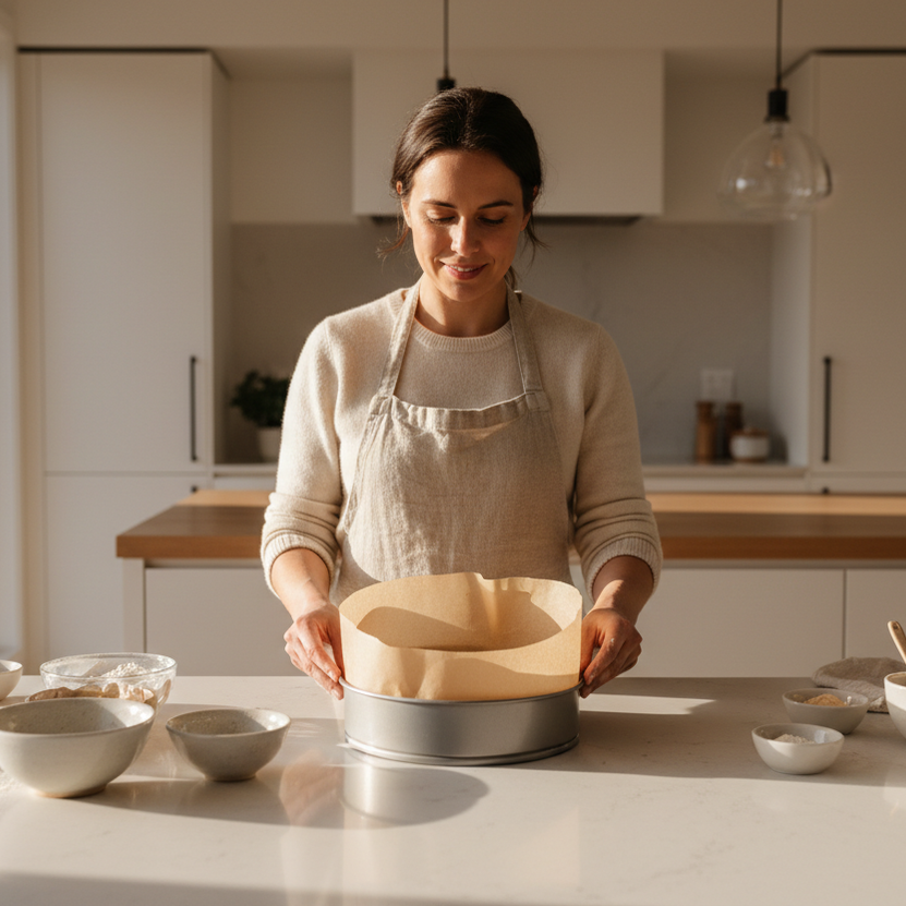 Signora che cucina torta con carta forno beige