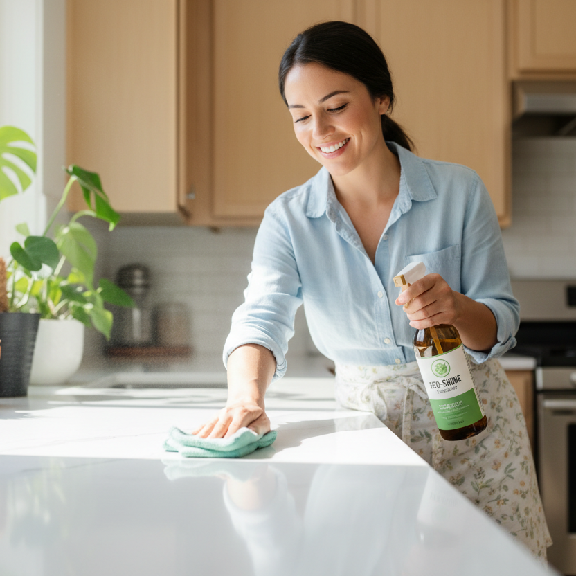 spray sgrassatore donna sorridente pulisce piano cucina che resta lucido con pianre verdi