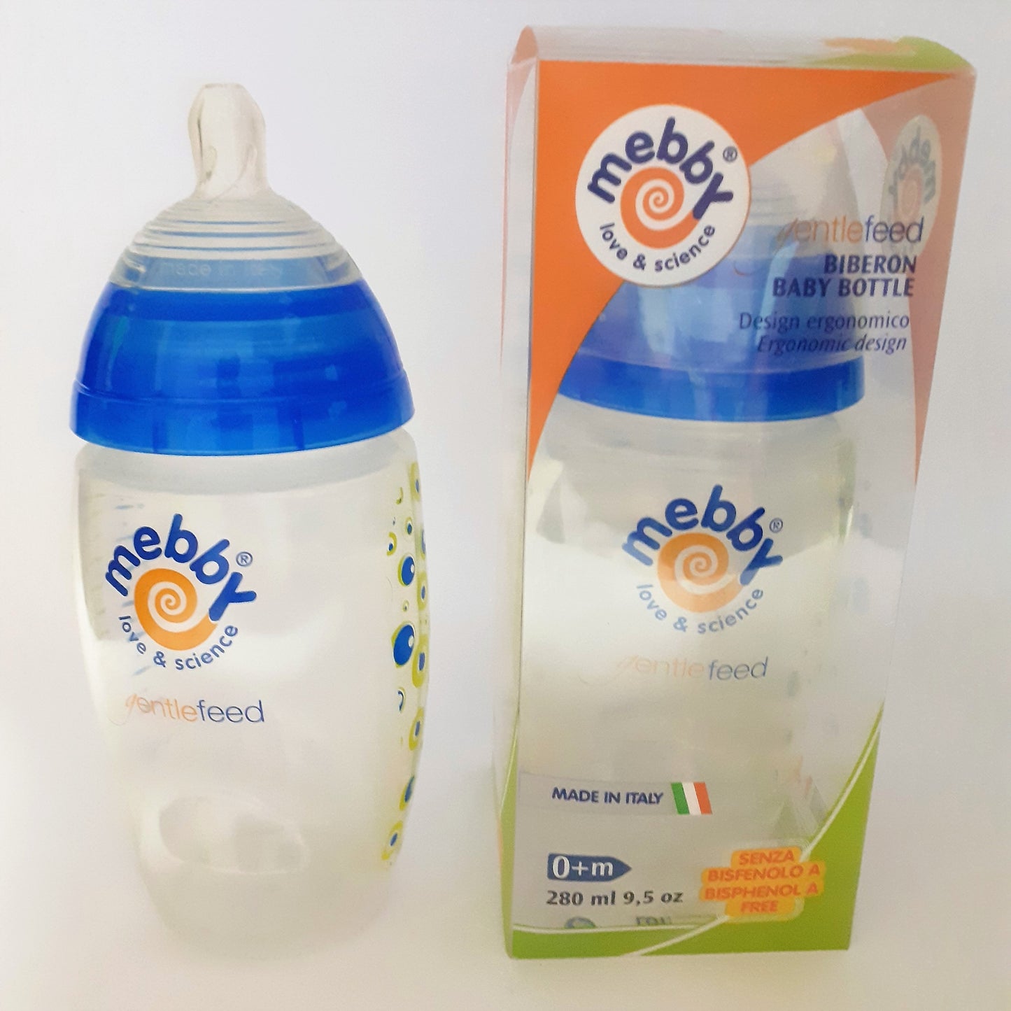 Biberon Ergonomico Mebby arancio o blu mis 160m 280ml