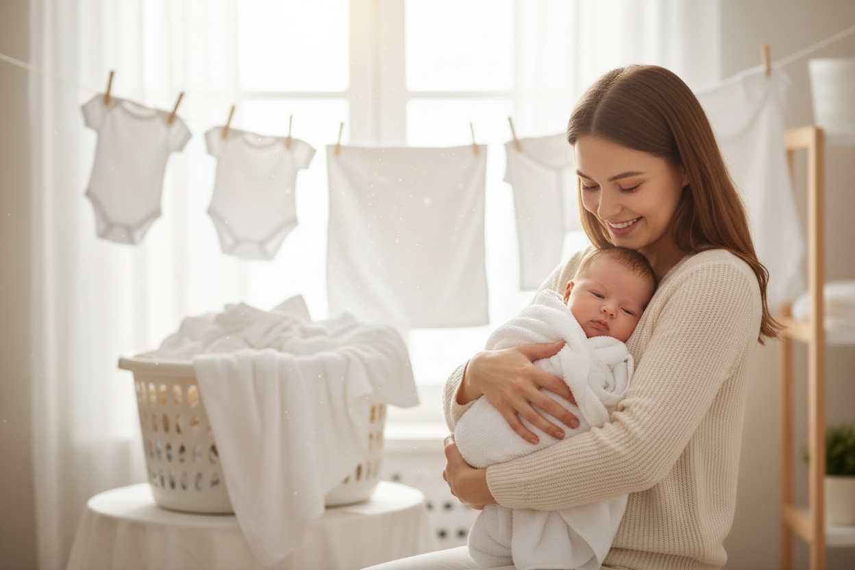 bucato morbido con bambino avvolto in asciugamano bianco con mamma che sorride