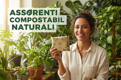 donna sorridente che mostra assorbenti in una stanza con piante sullo sfondo ed una scritta che evidenzi assorbenti compostabili naturali