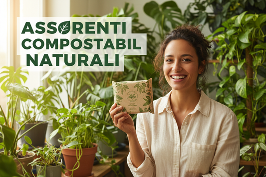 donna sorridente che mostra assorbenti in una stanza con piante sullo sfondo ed una scritta che evidenzi assorbenti compostabili naturali