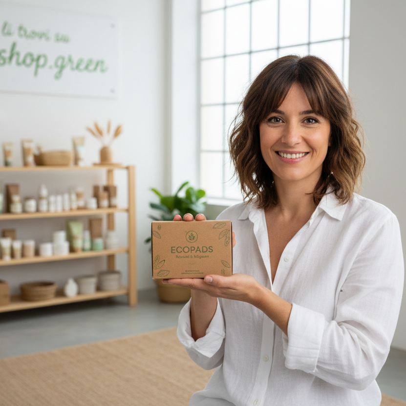 donna sorridente che mostra scatolina assorbenti naturali sullo sfondo la scritta li trovi su ecoshop.green