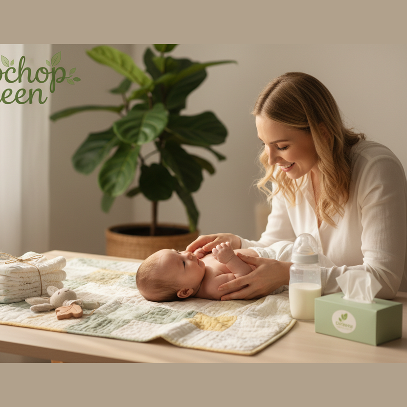fai vedere una mamma con il suo bambino sul tavolo con intorno salviette giochi di legno pannolini, coperta colorata, biberon  sullo sfondo pianta evidenza scritta ecoshop green