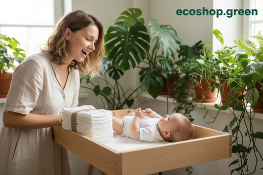 kit prova da 15 pannolini usa e getta bianchi su fasciatoio con mamma che li guarda mentre il bambino aspetta di essere cambiato sono sorridenti sul fondo piante verdi e scrtta in evidenza ecoshop.green 