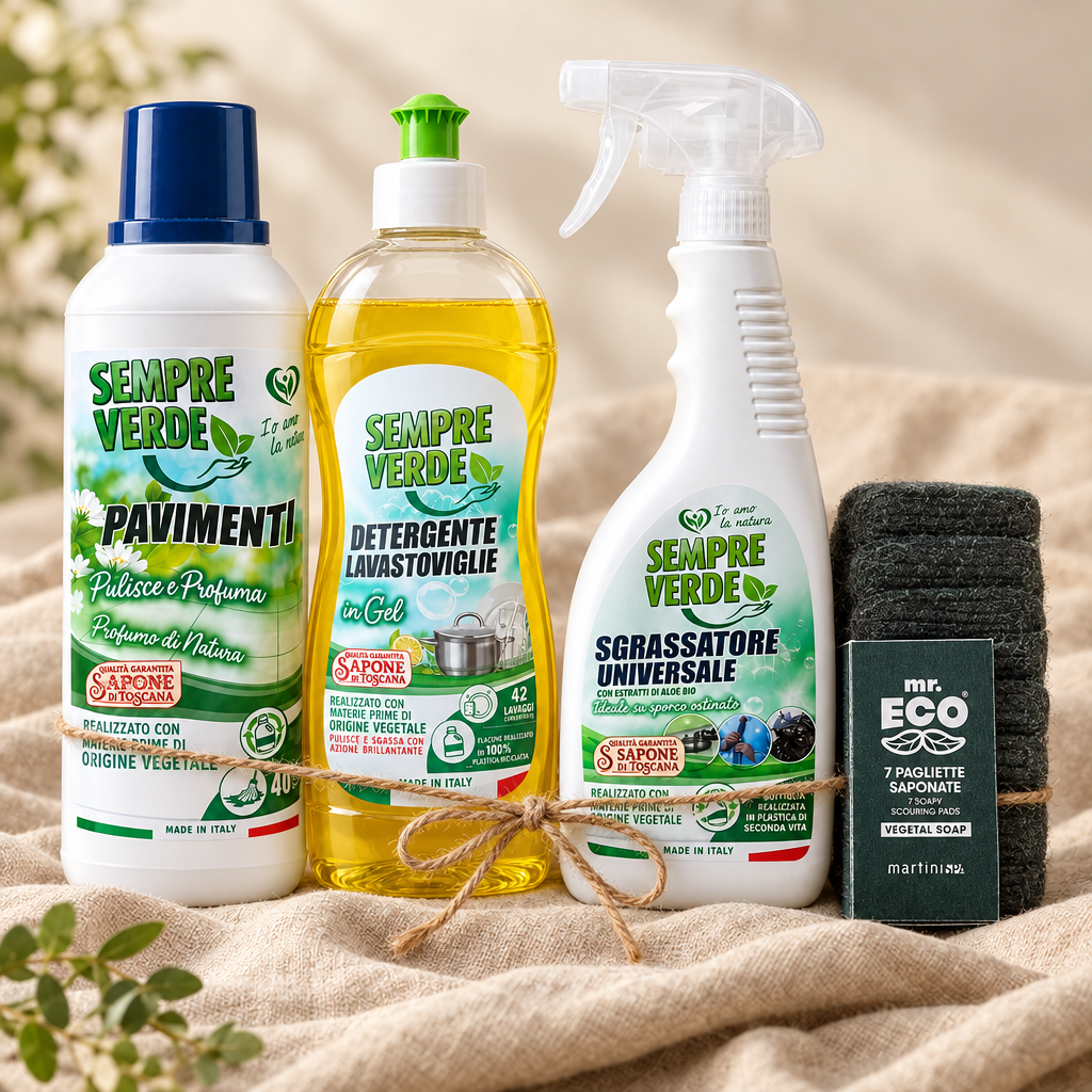 Kit pulizia Sempre Verde su tessuto con fiocco di spago