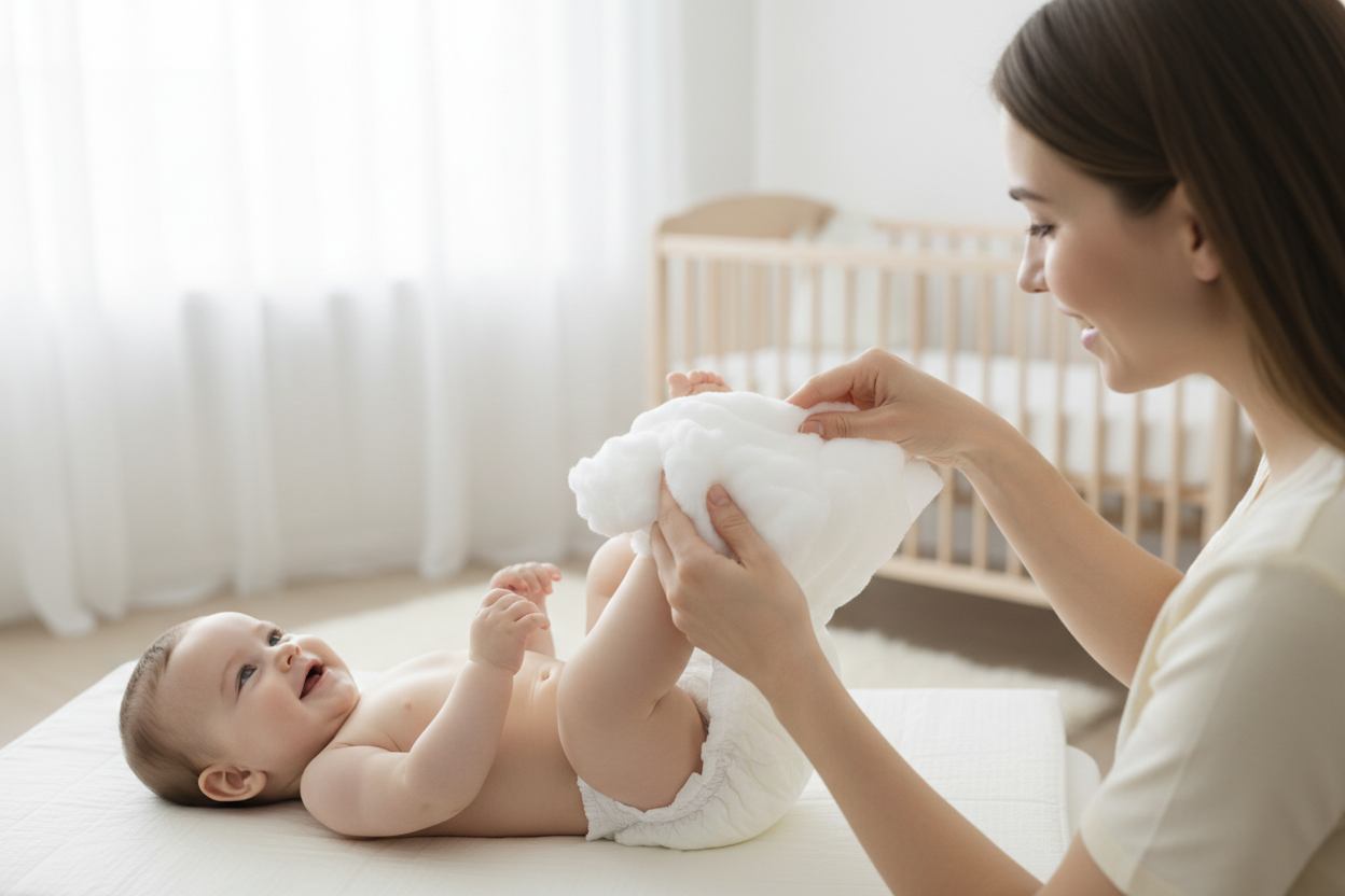 mamma che cambia pannolino bianco facendo osservare la morbidezza e sofficita del pannolino mentre il suo bambino sorride 