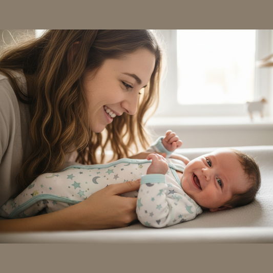 neonato con body fantasia indossato su fasciatoio. felice mentre la mamma lo abbraccia sorridente