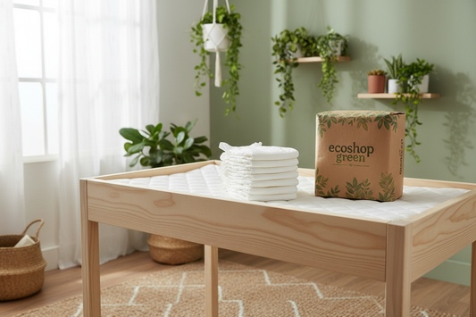 pannolini bianchi impilati su fasciatoio con la scritta ecoshop green su pacchetto appoggiato sorridente in una cameretta per bambino con piante verdi in sfonda
