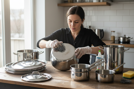 SIGNORA CHE LUCIDA PENTOLA CON PAGLIETTA SUL TAVOLO SI VEDONO COPERCHI E PENTOLE DI ACCIAO LUCIDISSIME