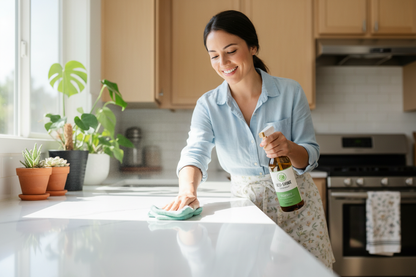 spray sgrassatore donna sorridente pulisce piano cucina che resta lucido con pianre verdi